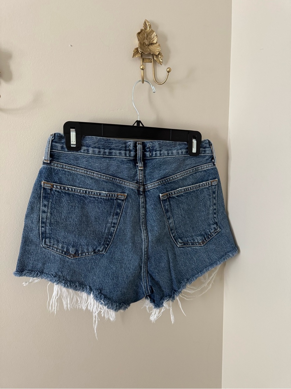 Agolde Dark Blue Frayed Hem Denim Shorts - Picture 2 of 3